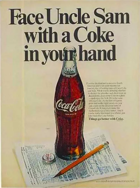 Annuncio stampa Coca-Cola con la headline "Face Uncle Sam with a Coke in your hand" e il payoff "Things go better with Coke", esempio di come headline, visual e tagline lavorano insieme.