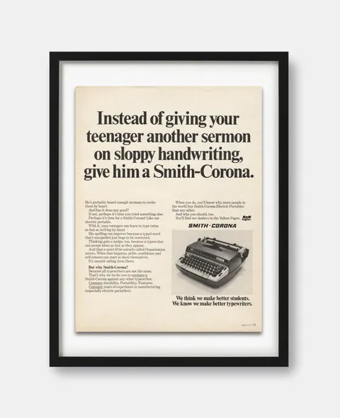 Annuncio stampa Smith-Corona con la headline "Instead of giving your teenager another sermon on sloppy handwriting, give him a Smith-Corona", corpo del testo in due colonne e foto del prodotto.