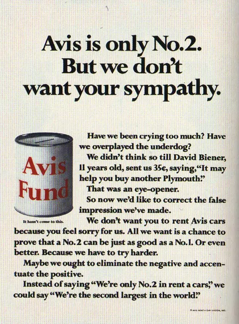 Pagina pubblicitaria Avis anni '60, con il claim "Avis is only No.2. But we don't want your sympathy" — un esempio storico di posizionamento dichiarato rispetto al concorrente.