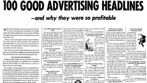Pagina di rivista con l'articolo "100 Good Advertising Headlines — and why they were so profitable", un'antologia di headline storiche commentate una per una.