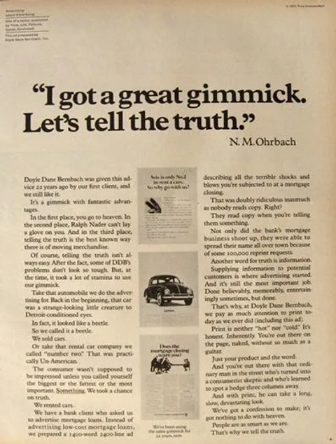 Pagina di una rivista con l'articolo "I got a great gimmick. Let's tell the truth", firmato N.M. Ohrbach, che racconta la filosofia di Doyle Dane Bernbach attraverso le campagne Avis e Volkswagen.
