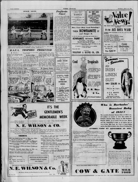 Una pagina intera del quotidiano barbadiano Sunday Advocate del 18 maggio 1952, con inserzioni pubblicitarie, una vignetta a strisce e articoli di cronaca affiancati come apparivano in origine.