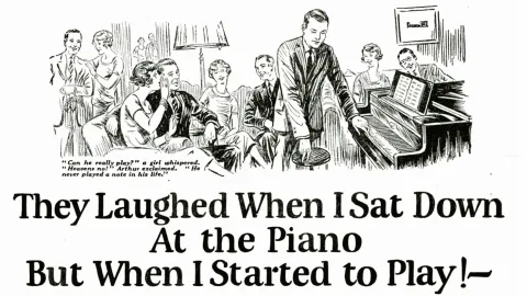 Annuncio del 1926 per la U.S. School of Music: un'illustrazione di un ricevimento in salotto, con un uomo seduto al pianoforte circondato da ospiti sorpresi, sopra il titolo «They Laughed When I Sat Down At the Piano But When I Started to Play!»