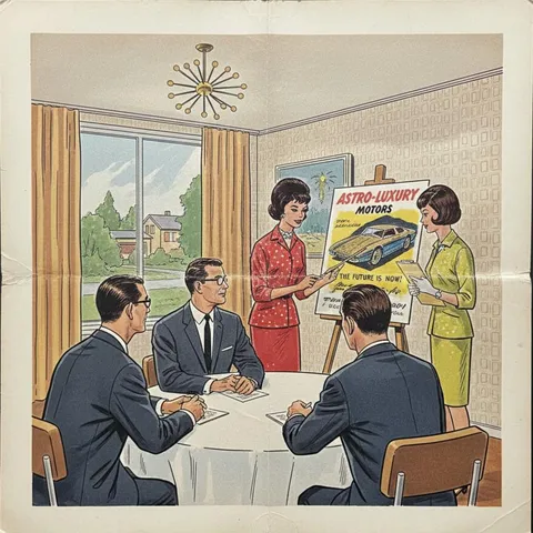 Illustrazione d'epoca di una riunione in agenzia: due copywriter presentano a un cliente seduto al tavolo la tavola di un concept creativo, "Astro-Luxury Motors", montata su un cavalletto.