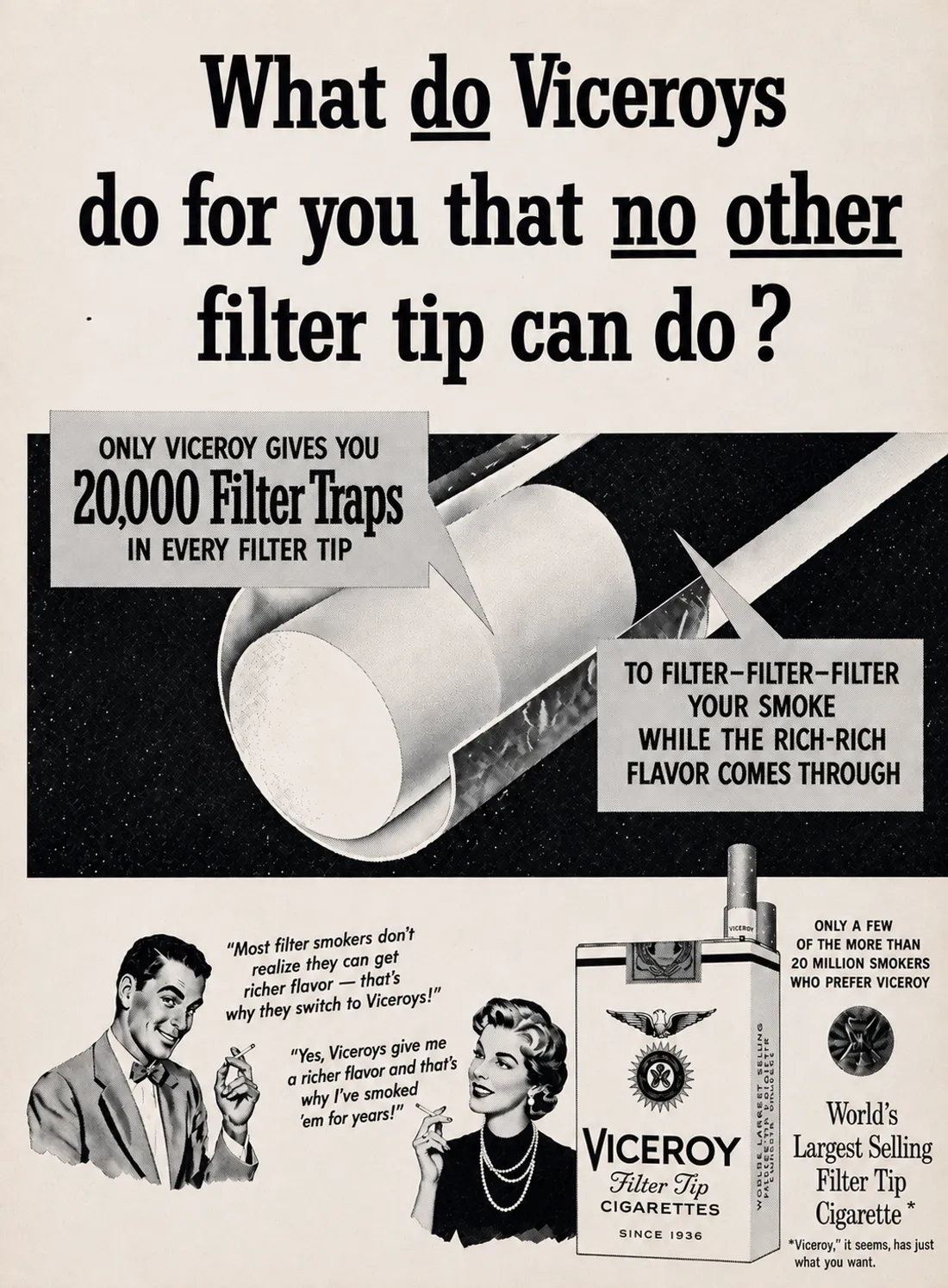 Illustrazione in stile pubblicitario anni Cinquanta con l'headline «What do Viceroys do for you that no other filter tip can do?», un pacchetto di sigarette Viceroy e due persone che ne discutono in un fumetto di dialogo