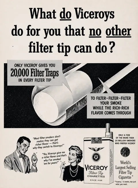 Illustrazione in stile pubblicitario anni Cinquanta con l'headline «What do Viceroys do for you that no other filter tip can do?», un pacchetto di sigarette Viceroy e due persone che ne discutono in un fumetto di dialogo
