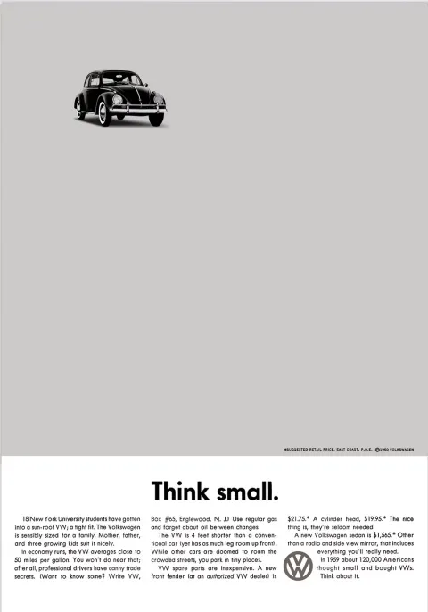 Annuncio stampa Volkswagen: in alto una piccola fotografia del Maggiolino su fondo grigio, in basso a sinistra il titolo «Think small.» su fondo bianco